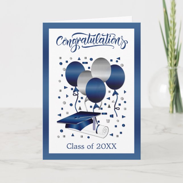Silver Blue Balloons Mortar Cap Diploma Graduation Card (Front)
