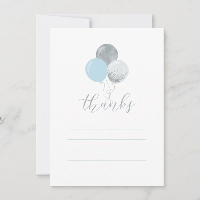 Silver & Blue Balloons | Party Thank You Note Card (Front)