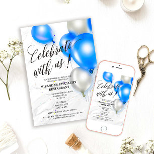 Silver Blue Balloons Ribbon Cutting Grand Opening Invitation