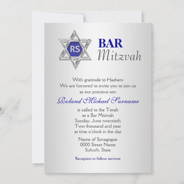 Silver blue bar mitzvah celebrations invitation (Front)