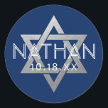 Silver Blue Bar Mitzvah Star of David Custom Classic Round Sticker<br><div class="desc">Elegant modern blue and silver classic bar mitzvah stickers with custom name, date and Star of David design. These bar mitzvah favour tag stickers are stylish and classy envelope seals, or on DIY bar and bat mitzvah party decor projects. Click CUSTOMIZE FURTHER to edit background and text colour, font or...</div>