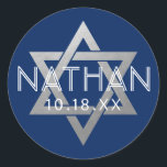 Silver Blue Bar Mitzvah Star of David Custom Classic Round Sticker<br><div class="desc">Elegant modern blue and silver classic bar mitzvah stickers with custom name, date and Star of David design. These bar mitzvah favour tag stickers are stylish and classy envelope seals, or on DIY bar and bat mitzvah party decor projects. Click CUSTOMIZE FURTHER to edit background and text colour, font or...</div>
