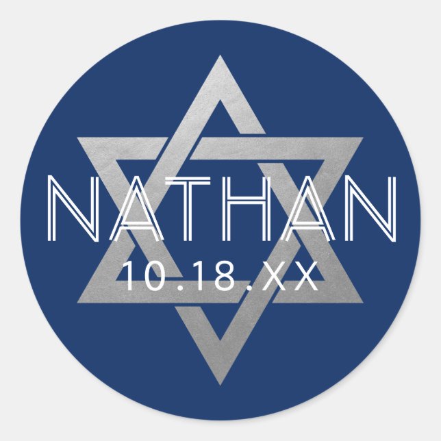 Silver Blue Bar Mitzvah Star of David Custom Classic Round Sticker (Front)