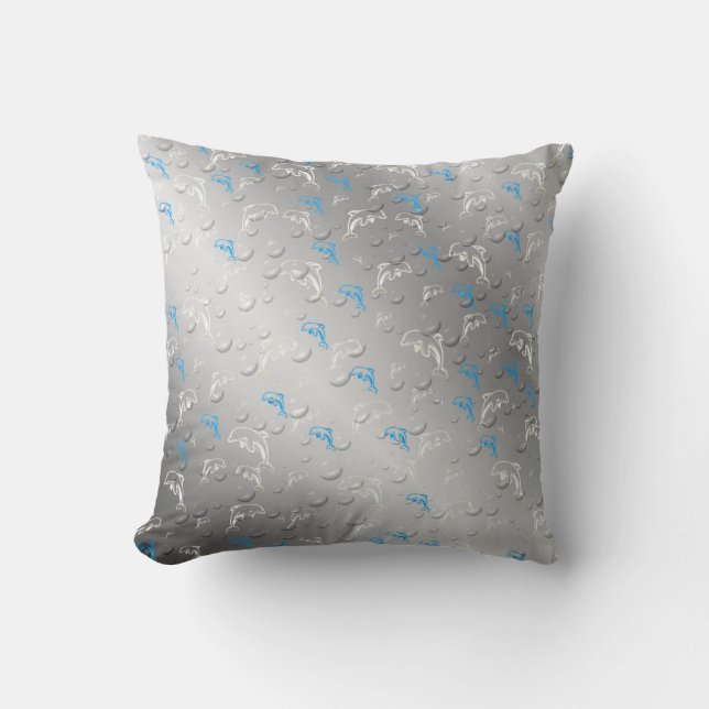 silver,blue,blue, gold, silver, drawing, fish, throw pillow (Front)