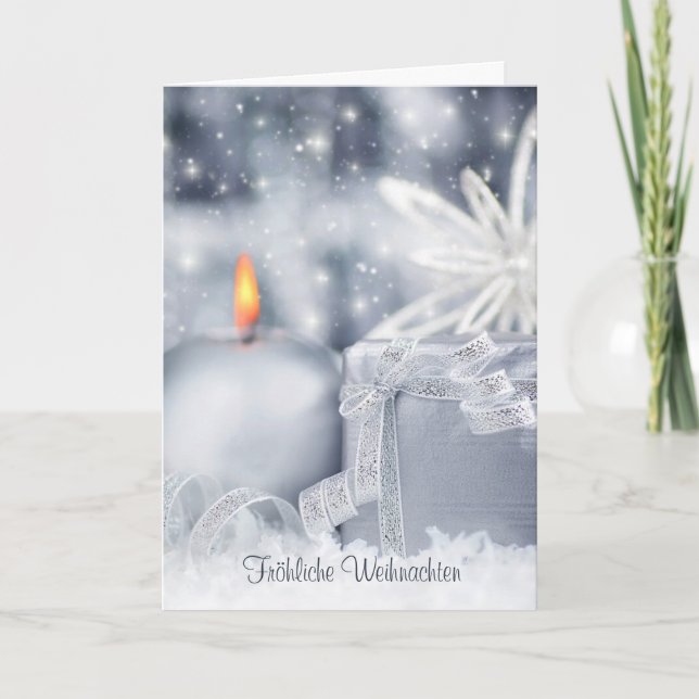 Silver blue candle, snowflake German Christmas Holiday Card (Front)
