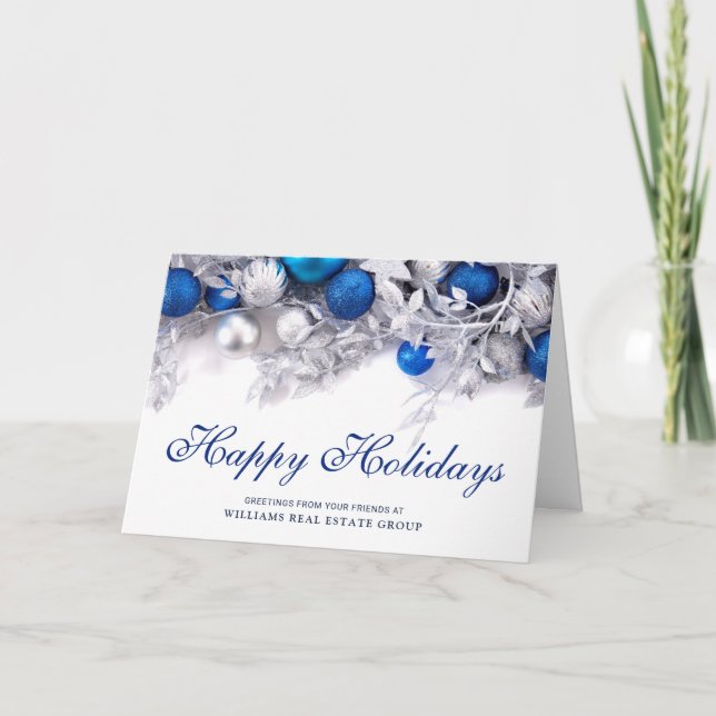 Silver Blue Christmas Ornament Corporate Greeting Holiday Card (Front)