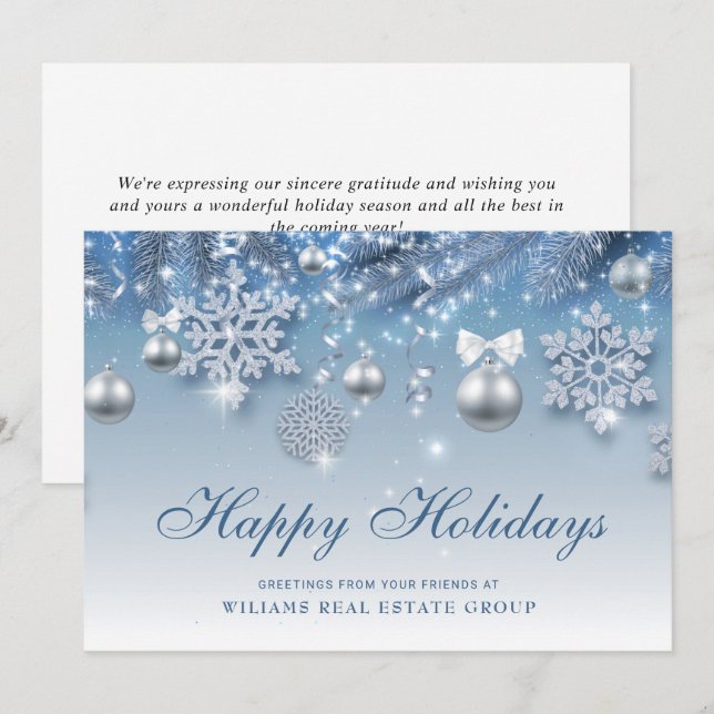 Silver Blue Christmas Ornament Corporate Greeting  Holiday Card (Front/Back)