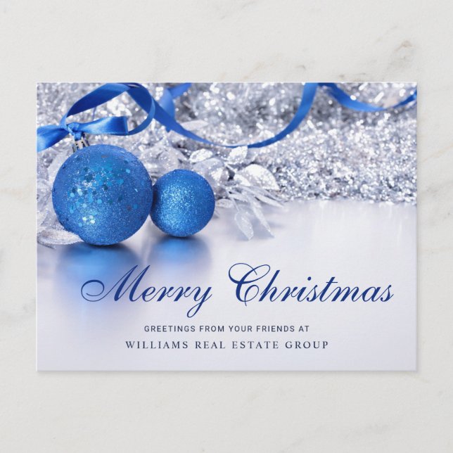 Silver Blue Christmas Ornament Corporate Greeting Holiday Postcard (Front)