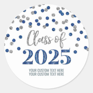Silver Blue Confetti Graduation 2025 Classic Round Sticker