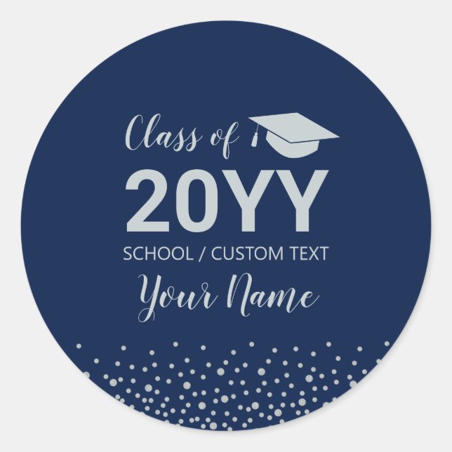 Silver & Blue Confetti Graduation Party Favor Classic Round Sticker (Front)