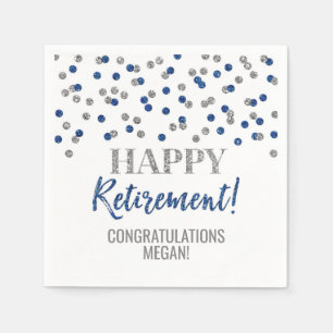 Silver Blue Confetti Happy Retirement Napkin