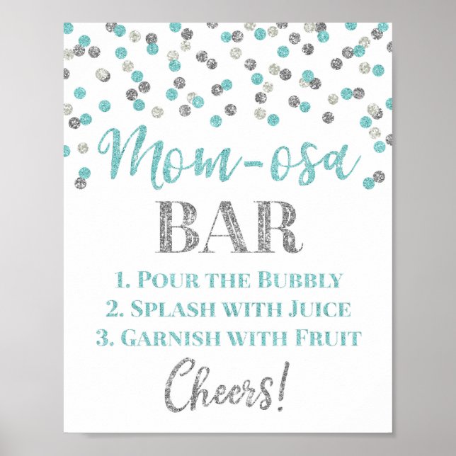 Silver Blue Confetti Mom-osa Bar Sign Baby Shower (Front)