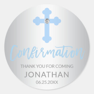 Silver Blue Cross CONFIRMATION Boy Thank You Classic Round Sticker