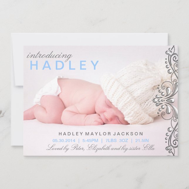 Silver & Blue Damask Birth Announcement (Front)