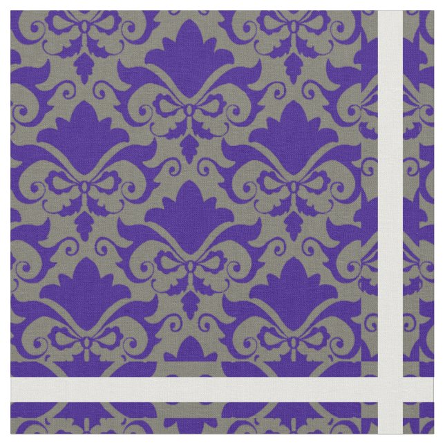 Silver Blue Damask Bows Fabric (Close Up)