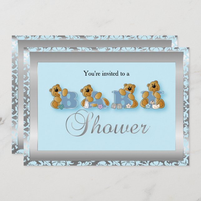 Silver & Blue Damask Teddy Bears | Baby Shower Invitation (Front/Back)
