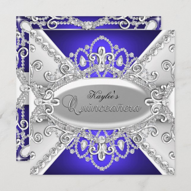 Silver & Blue Diamond Damask Quinceanera Invite (Front/Back)