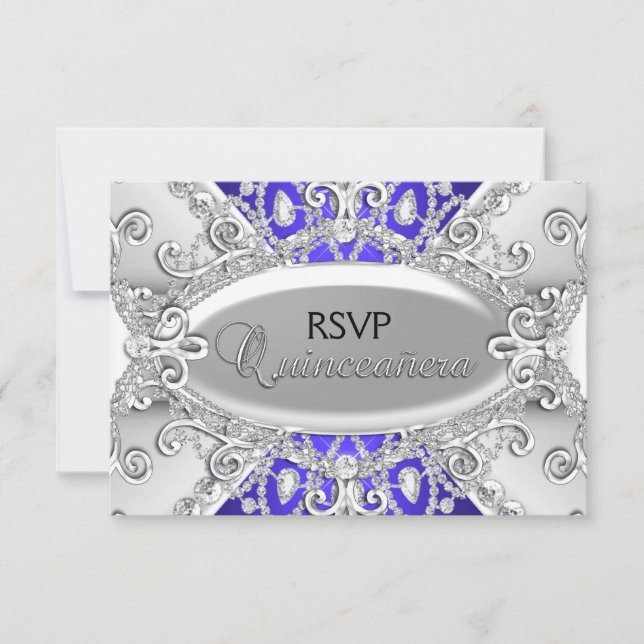 Silver & Blue Diamond Damask Quinceanera RSVP (Front)