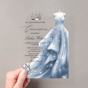 Silver Blue Dress Princess Quinceañera  Acrylic Invitations
