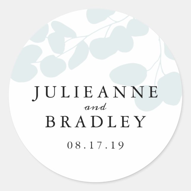 Silver Blue Eucalyptus Branch Modern Wedding Classic Round Sticker (Front)