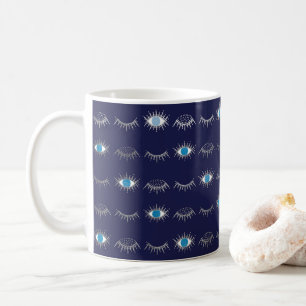 Silver Blue Evil Eye Eyelashes Nazar Mati Pattern Coffee Mug