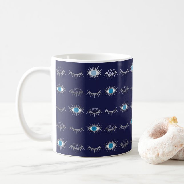 Silver Blue Evil Eye Eyelashes Nazar Mati Pattern Coffee Mug (With Donut)
