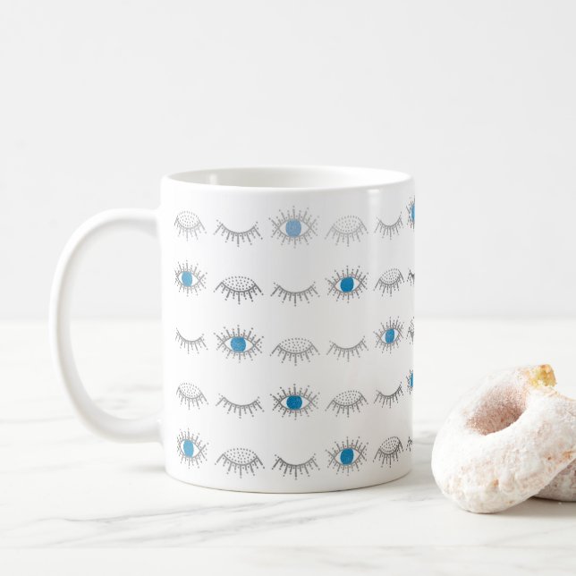 Silver Blue Evil Eye Eyelashes Nazar Mati Pattern  Coffee Mug (With Donut)