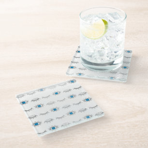 Silver Blue Evil Eye Eyelashes Nazar Mati Pattern Glass Coaster