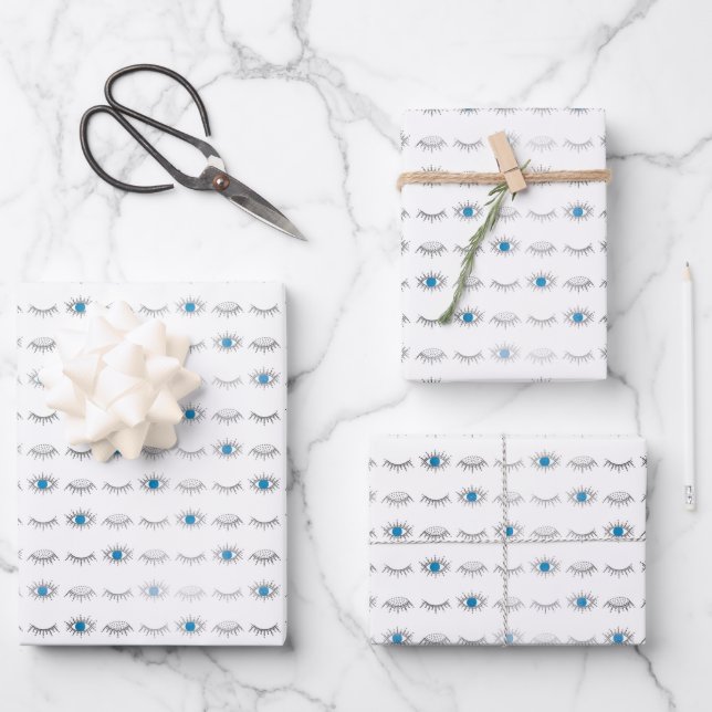 Silver Blue Evil Eye Eyelashes Nazar Mati Pattern  Wrapping Paper Sheet (Front)