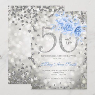 Silver Blue Floral 50th Birthday Glam Lights Invitation