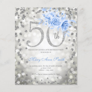 Silver Blue Floral 50th Birthday Lights Invite Flyer