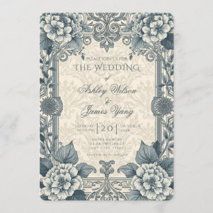Silver Blue Floral Botanical Wedding Invitation