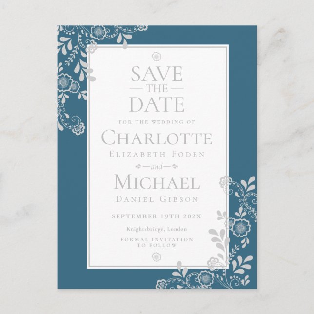 Silver Blue Floral Lace Save the Date Announcement Postcard (Front)