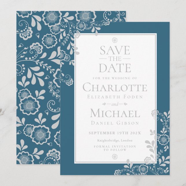Silver Blue Floral Lace Save the Date Invitation (Front/Back)