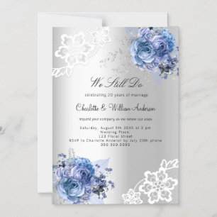 Silver blue floral lace vow renewal wedding magnetic invitation