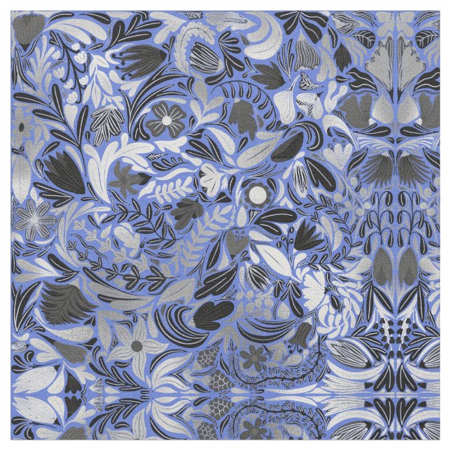 Silver Blue Floral Leaves Illustration Pattern Fabric (Close Up)