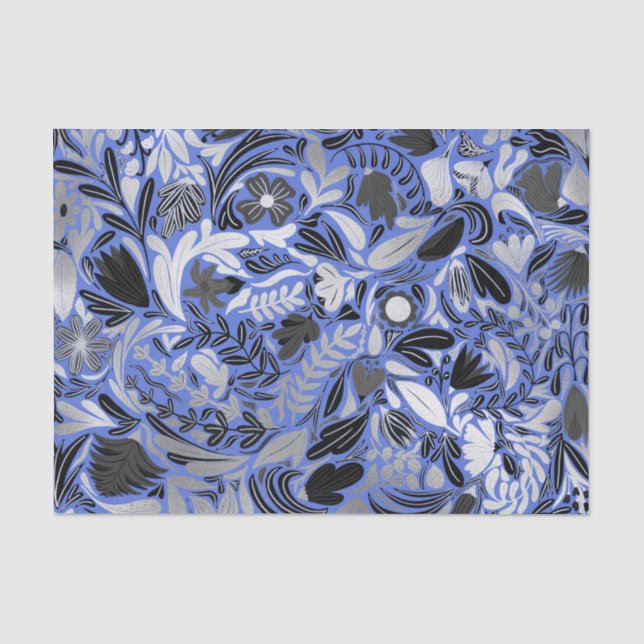 Silver Blue Floral Leaves Illustration Pattern Tissue Paper (Front)