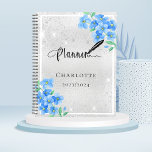 Silver blue floral name appointment 2025 planner<br><div class="desc">A faux silver looking background,  with blue forget-me-not florals,  flowers. Faux glitter dust. Personalize and add a year,  name and title.</div>