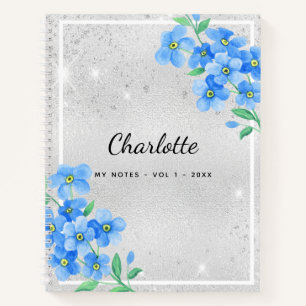 Silver blue floral name script notebook