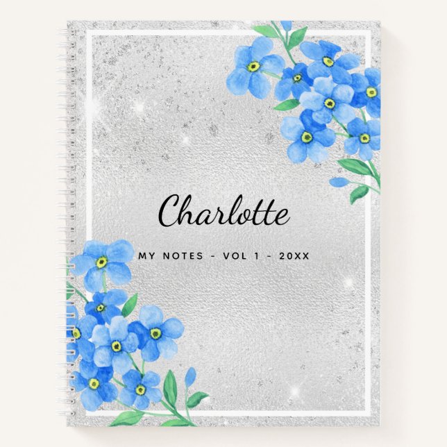 Silver blue floral name script notebook (Front)