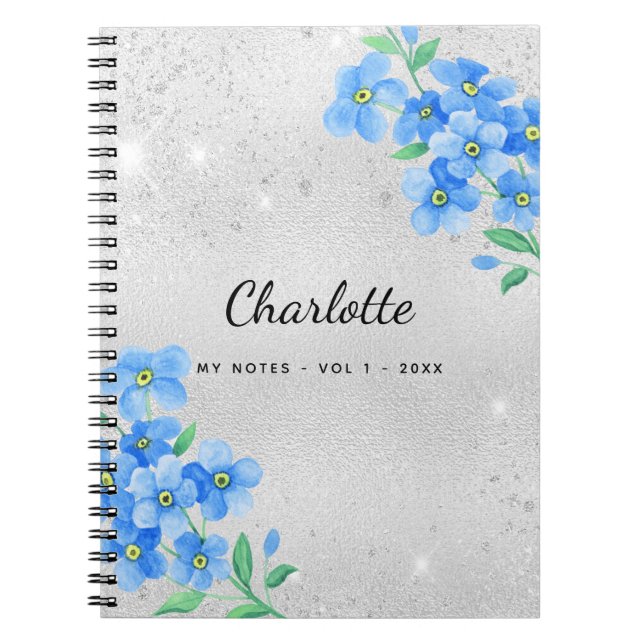 Silver blue floral name script notebook (Front)