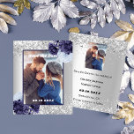 Silver blue floral photo Save the Date wedding Flyer<br><div class="desc">Please note that this Save the date is on flyer paper and very thin. Envelopes are not included. For thicker Save the Date card (same design) please visit our store. Faux silver looking background, decorated with navy blue and light blue florals, flowers and faux silver glitter, sparkles. Personalize and add...</div>