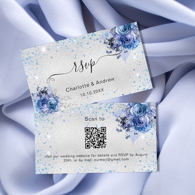 Silver blue floral wedding website RSVP QR code Enclosure Card (Creator Uploaded)
