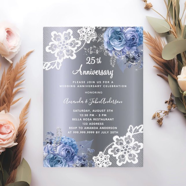Silver blue florals lace 25th wedding anniversary invitation (Creator Uploaded)