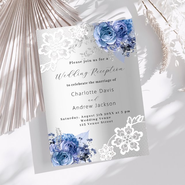 Silver blue florals lace wedding reception invitation (Creator Uploaded)