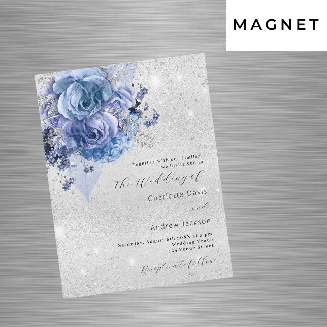 Silver blue florals luxury wedding magnetic invitation (Creator Uploaded)