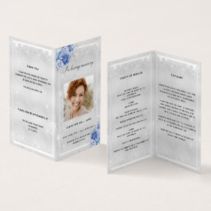 Silver blue florals photo glitter funeral program