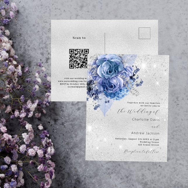 Silver blue florals QR code RSVP details wedding Invitation Postcard (Creator Uploaded)