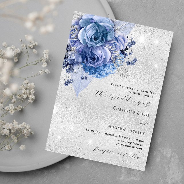 Silver blue florals wedding invitation (Creator Uploaded)