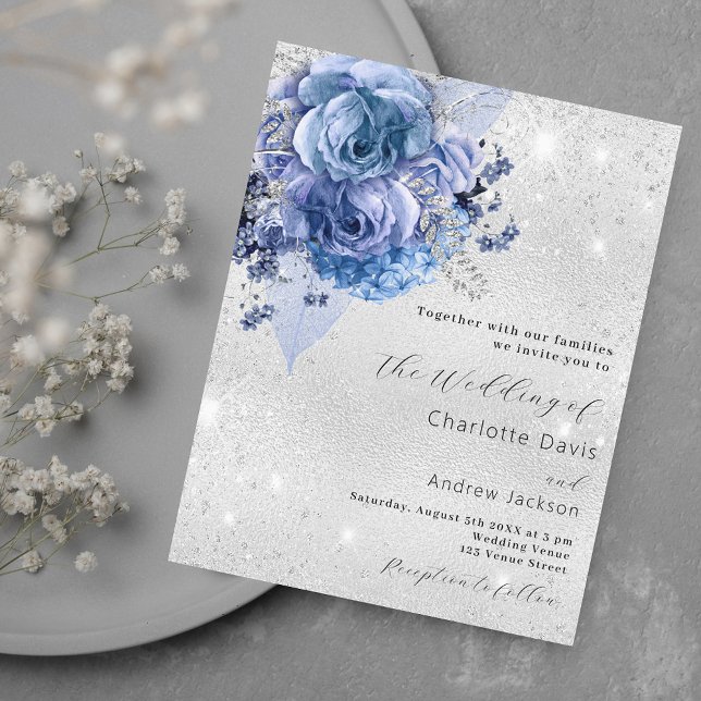 Silver blue florals wedding invitation (Creator Uploaded)